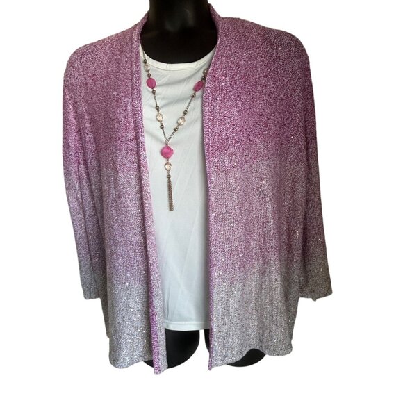 Elegant Pink Gradient Sparkle Knit Cardigan & White Top With Necklace - Picture 4 of 10